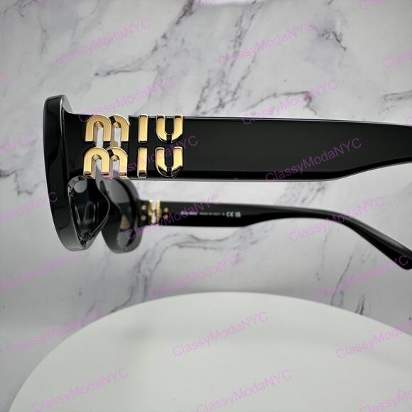 New MIU MIU Sunglasses Black Acetate Oval Gold Metal Logo Authentic Italy main image 9